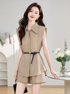 ชุดกางเกงขาสั้นผู้หญิงไซส์เล็ก แขนกุด แฟชั่นฤดูร้อน 2025 ชุดทำงาน ชุดสองชิ้น ทรงเข้ารูป สไตล์สตรีท โพลีเอสเตอร์