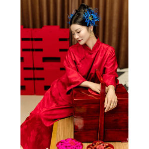 Red Wedding Dress Set New Chinese Style Reformed Cheongsam Bride Morning Robe Lazy Half-length Long Skirt Elegant High-waist A-line Skirt