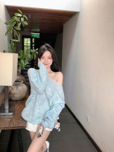 Blue Sequin Slant Shoulder Sweater Womens Loose Beautiful Lazy Style Knitted Top Autumn Season Comfortable Casual Fashion