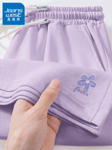 กางเกงขาสั้นสปอร์ตสีม่วง Pure Cotton Casual กางเกงขายาวทรงตรงสำหรับผู้หญิงในช่วงฤดูร้อน กางเกงขายาวทรงห้าส่วนสำหรับใส่กลางแจ้ง