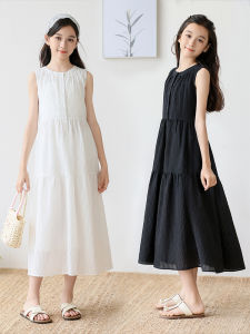 Casual Summer Beach Style Girls Cotton Blend Chiffon Vest Dress Korean Style A-Line Skirt Single Color Trendy Summer Wear