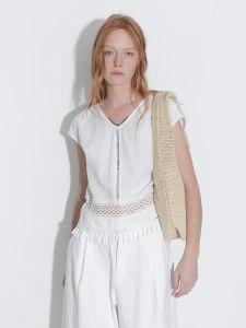 Lace Hollowed Out Assembled Bell Sleeve Tassel Hem V-Neck Blouse