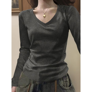 Áo Thun Dài Tay Màu Đen Cổ Chữ V Cạp Cao Ôm Vừa Vặn Cho Nữ Mùa Xuân Thu Mùa Đông Áo Lót Cỡ Lớn Cho Phụ Nữ Ngoại Cỡ