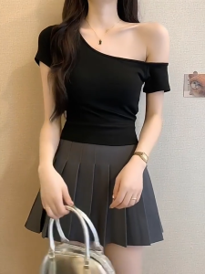 Korean Style Off Shoulder Short Sleeve T-shirt Womens Casual Basic Top Black/White/Purple