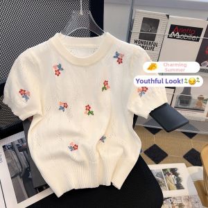Elegant Embroidered Hollow out Short Sleeve Knitwear Womens Summer Special Brand Discount Floral Stitching Unique Top