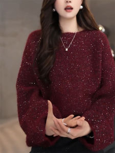 Luxurious Large Size Knitted Sweater Shoulder Bared Long Sleeve Hoodie Soft Cozy Atmosphere Red Sequins Autumn Winter Womens Cashmere Sweater