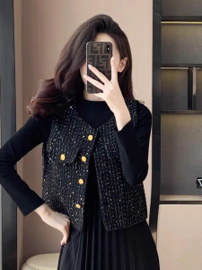 Commute Style Color Block Woolen Vest Womens Spring Autumn New High-End Metal Button Jacket Thin Short Length Moderate Warmth
