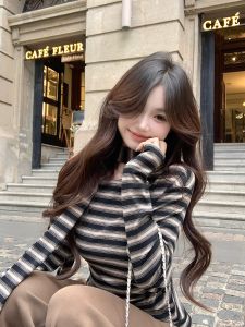 GUZILIAN | American Style Spicy Girl Sash Diagonal Striped Pleated Knitted Long Sleeve Womens T-shirt Design Sensation Slim Fit Shoulder Baring Top