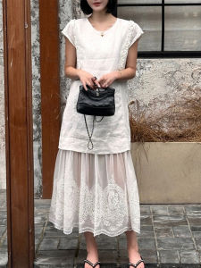 Shalldoer | Váy midi ren đan thời trang cho nữ mùa hè 2025 Váy chữ A cạp cao tay ngắn váy midi dài vừa phải phong cách thường ngày