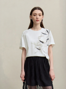 AMII | Chinese Style Bamboo Bird Print Loose T-shirt