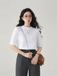 Pure Cotton Stand Collar mid Sleeve T-Shirt Women Loose Slim Fit Half High round Neck Short Sleeve Base Shirt White Top