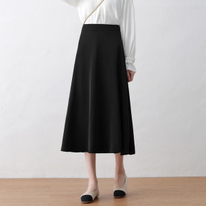 Chic A-Line Midi Skirt for Women in Black Polyester Fiber High Waist Korean Style Pure Color Spring Summer Autumn Fashionable Skirts