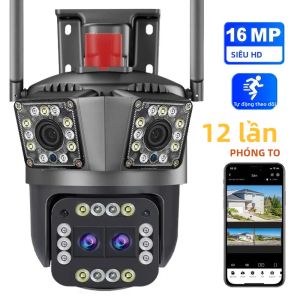 Camera Ngoài Trời WiFi 8K 16MP Với Zoom 12X Bốn Ống Kính Ba Màn Hình Tự Động Theo Dõi Hệ Thống An Ninh CCTV Giám Sát Video 8MP