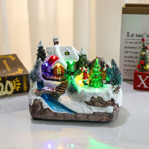 【Shipment from Philippines】Christmas Rotating Resin Luminous Music Box Ornaments Rotating Small Train Decorations Christmas Village House Rotating With Music Christmas Resin House Decorations