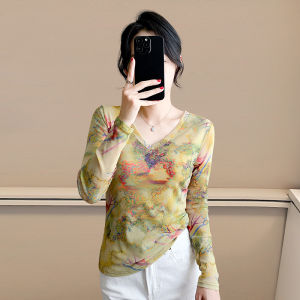 Rehin Áo thun nữ dài tay in họa tiết lưới cổ chữ V ôm gọn co giãn Áo Blouse thời trang thu đông