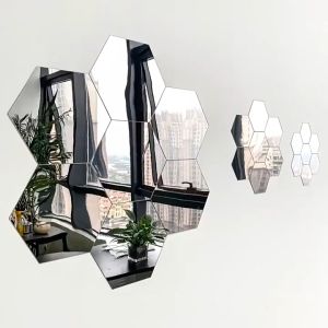 48Pcs 3D Hexagon Mirrors Acrylic Wall Stickers Self Adhesive Wall Decals DIY Home Background Wall Mirrors for Living Room Bathroom Home Decoration