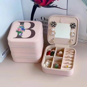 Flower&alphabet Jewelry Box Ring Boxes Travel Leather Jewellery Case Letter Print Bridesmaid Proposal Birthday Christmas Gift