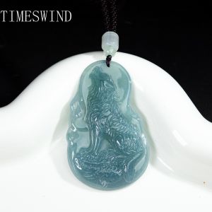 TIMESWIND Natural Authentic A-type Jade Moon Wolf Howl Blue Water Pendant Men Necklace Fashion Jewelry Gift with Certificate