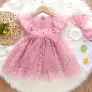 Girls Floral Puff Sleeve Princess Mesh Dress Summer Short Sleeve Kids Dress for 2-10 Years Sweet Childrens Outfit