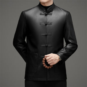 Romon Mens Traditional Chinese Style Stand Collar Buttoned Leather Jacket Dad Clothes Retro PU Leather Coat Fashionable Urban Casual