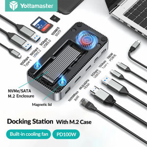 Yottamaster 10Gbps USB C Hub พร้อม M.2 SSD Enclosure 10-in-1 USB C Docking Station USB 3.2 Gen2 4K60Hz HDMI PD100W SD TF 3.0 ช่องเสียบการ์ดพอร์ตGigabit Ethernetพร้อมพัดลม