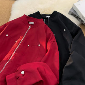 เสื้อแจ็คเก็ตกันลมกันน้ำสไตล์อเมริกันสีแดงเข้มสำหรับผู้ชาย เสื้อกั๊กเบสบอลแบบลำลองสำหรับกลางแจ้ง เสื้อแจ็คเก็ตบิน เสื้อคลุมกันลมสำหรับผู้ชาย