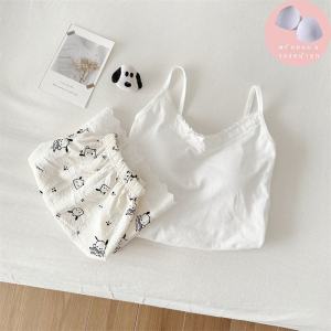 Bộ Đồ Ngủ Cotton Nguyên Chất Mùa Hè Cho Nữ 2025 Có Đệm Ngực Một Mảnh Ngọt Ngào Dây Buộc Ngắn Quần Short Bộ Đồ Mặc Nhà