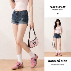 spao | Quần Short Đenim Xanh Vintage Phong Cách Cổ Đã Sờn Cao