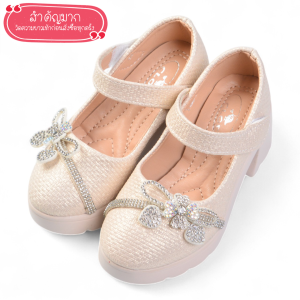 รองเท้าคัชชูเด็ก ไสตล์เจ้าหญิง รองเท้าแฟชั่นเด็กผู้หญิง มีสายรัดประดับโบว์เพชร ใส่ออกงานแต่ง งานโรงเรียน สีขาว ครีม ชมพู