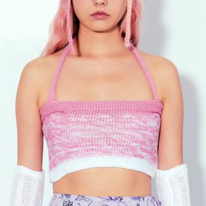 CUPPA - Hey bibi! (4 สี) เสื้อเกาะอกไหมพรม ขอบเกาะอกยางยืด มีสายคล้องคอ ลายทอไล่สีเข้มด้านบน จบสีขาวด้านล่าง ใส่ง่าย น่ารัก