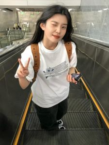 plus Size Womens Cotton T-Shirt White Short Sleeve Loose Fit Summer Fashion Korean Style round Neck Print Casual Top