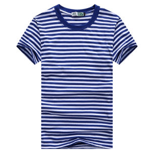 Navy Striped Short Sleeve T-Shirt Mens Casual round Neck Shirt Youth Popular American Style Standard Fit Polyester Cotton Blend