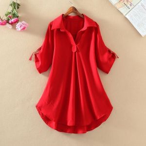 DSF Studio medium and long short-sleeved chiffon shirt womens summer new large size loose waist and thin chiffon top womens trend
