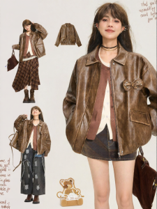 KEIKO | Autumn Distressed Chic American Style Bow Detail Leather Jacket