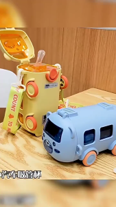 READY 500ml Baby Cartoon Bus Design Water Bottle Strap Straw Cute Creative Car Bottle Water Cup