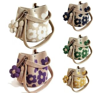 Handmade Crochet Bag Flower Tote Knit Floral Purse Bag Boho Woven Beach Handbags Crossbody Shoulder Bag for Women Vacation