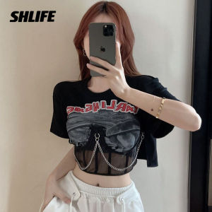 SHLIFE Short Sleeved T-shirt for Womens Summer Letter Print Chain Round Neck Plastic Waist Crop Top Short