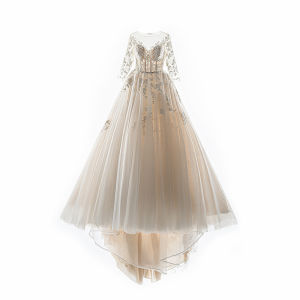 ชุดแต่งงานผ้าลูกไม้สไตล์ฝรั่งเศส ชุดเจ้าสาว ชุดราตรี ชุดยาวคลุมเข่า แขนยาว คอวีลึก กระโปรงทรงเอ ชุดเจ้าสาวแบบมีค่าธรรมเนียม