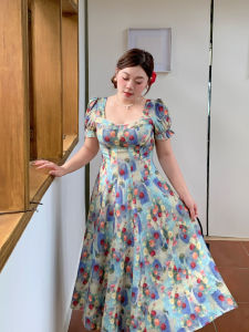 French Vintage Ombre Floral Print Maxi Dress plus Size Women High Waist A-Line Sundress Commute Short Sleeve Zipper Closure