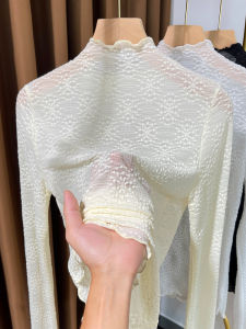 เสื้อเชิ้ตลูกไม้คอปกสั้นผู้หญิงฤดูใบไม้ร่วง/ฤดูหนาว 2025 ใหม่ เสื้อสเวตเตอร์ชั้นในบาง ขอบไม้กางเขน ผ้าตาข่าย เสื้อผ้าทำงานสไตล์เกาหลี