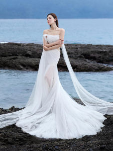 งานแต่งงานชายหาด เดรส น้ำหนักเบา ผ้าคลุมหน้าหางปลาการถ่ายภาพคู่เดินทางกลางแจ้งยิง เรียบง่าย สไตล์ผ้าสุทธิ แขนกุด ชุดราตรี