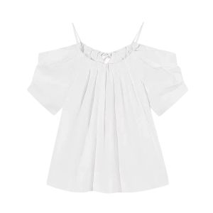 YUEZHONGWEI | Áo sơ mi nữ tay ngắn màu đen kiểu Pháp tay bồng hở vai thiết kế mùa hè chất liệu polyester dáng rộng phong cách Hàn Quốc