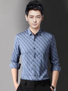 ROMON | Romon Mens Long Sleeve Shirt Slim Fit Business Casual Workwear Iron Free Fashionable Outerwear Polyester Viscose Spandex Blend