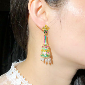 SEQUITO Super Luxury Women Ear Jewelry Yellow Gold Color Full Pave Setting Polychrome AAAAA Cubic Zirconia Noble Chandelier Shape Pearl Tassel Drop Earrings SE789