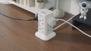 TESSAN SG - SG Safety Mark Multi Tower Socket White Extension Cord Tower 8 Outlet with USB Type C  Surge Protector Power Strip