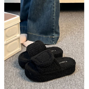 French Thick Bottom Fur Slippers Womens Outdoor Wear Autumn Winter New Small Size Heightening Lazy Person Slippers Street Snap