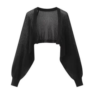 Hollow-out Long-sleeved Knitted Cardigan Top Womens Summer Thin Jacket Vest Dress Shawl Worn Over A Shirt