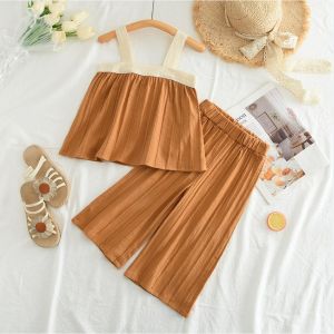 Gấu lãnh đạo cotton Mới Mùa Hè bộ cho trẻ em 3 đến 7 năm thời trang may ren treo hàng đầu và xếp li bộ quần ống rộng bé nữ thường ngày mặc