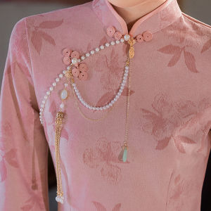 Pink Cheongsam Wedding Dress Womens Style Slim Fit High Slit Long Sleeve Daily Wear New Chinese Style Backward Large Sleeve