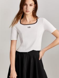 Elle Womens White Slim Fit Short Sleeve Knitted Sweater Summer New Style Simple Elegance Cotton Polyester Nylon Blend Crew Neck